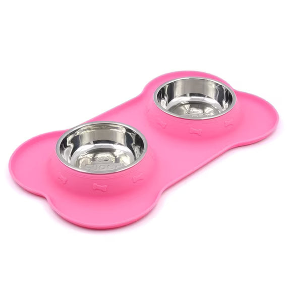Stainless Steel Non-Spill Dual Pet Feeder Bowls with Silicone Mat